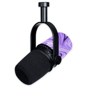 May include: A black studio microphone with a black foam windscreen. The microphone has a purple and white marbled design on the side. It is suspended by a black bracket.