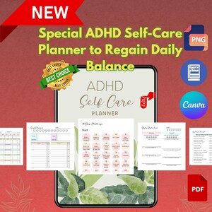 Peut inclure: Un planificateur numérique de soins personnels pour le TDAH avec le texte "Special ADHD Self-Care Planner to Regain Daily Balance". Le planificateur comprend des sections pour la définition d'objectifs, un défi de 30 jours et une réflexion quotidienne.