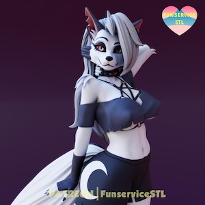 Puede incluir: Una figura renderizada en 3D de un personaje parecido a un lobo con pelaje blanco, pelo gris y un atuendo azul oscuro. El personaje tiene un collar negro y un diseño de media luna en los pantalones cortos. La imagen incluye el texto "FunserviceSTL" y un logotipo en forma de corazón.
