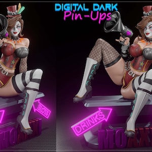 May include: A digital art piece featuring a pin-up figure in a circus-themed outfit, holding a megaphone. The figure is seated on a platform with neon signs that read "DRINKS" and "SLOTS". The image has a dark background and the text "DIGITAL DARK Pin-Ups" at the top.