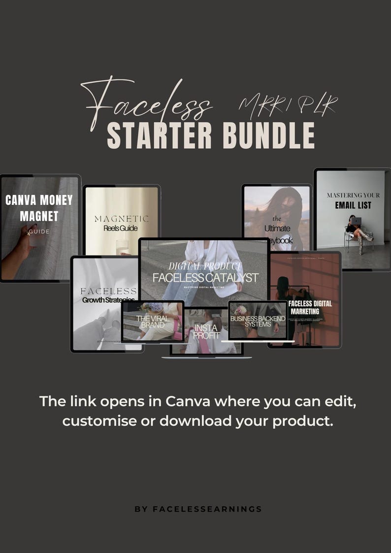 May include: A collection of digital product mockups for a Faceless MKRI PLR Starter Bundle. The mockups feature various titles such as "Canva Money Magnet", "Magnetic Reels Guide", "Digital Product Faceless Catalyst", "The Viral Brand", "Insta Profit", "Business Backend Systems", "Faceless Digital Marketing", and "Mastering Your Email List".