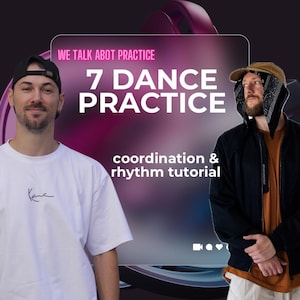 May include: Two people stand in front of a purple and pink background with the text "WE TALK ABOT PRACTICE 7 DANCE PRACTICE coordination & rhythm tutorial" on it. The person on the left is wearing a white t-shirt with a black signature on it. The person on the right is wearing a black jacket over a brown shirt and white pants.