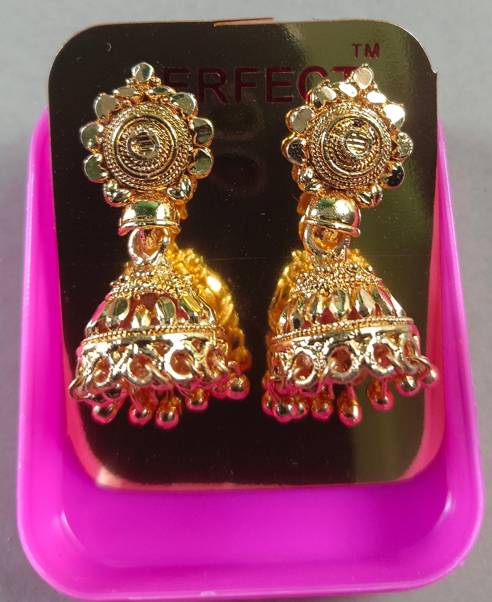Women gold polished artificial earring Gold plated earring Fashion accessories Traditional jhumka Indian wedding jewel Abstract earring