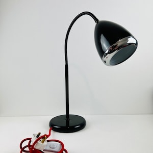 Vintage Retro Desk Lamp Black and Chrome Metal Red Cord Bendable Adjustable
