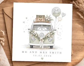 Personalised Campervan Wedding Card | Mr Mrs, Boho Floral Travel Congratulations