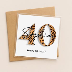 May include: A square greeting card featuring the number 40 in a brown and black leopard print pattern. The name Sophia is written in a black cursive script across the center of the numbers. The text HAPPY BIRTHDAY appears in black below.