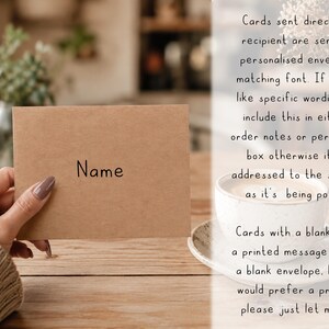 May include: A rectangular brown kraft paper envelope with the word Name printed in black on the front. The text on the right side explains that cards sent directly to the recipient include a personalized envelope with a matching font.