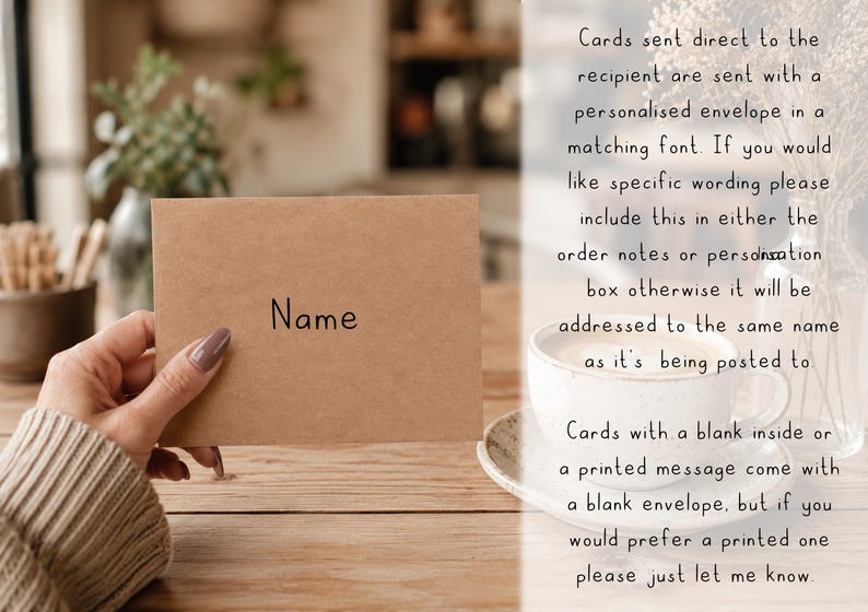 May include: A rectangular brown kraft paper envelope with the word Name printed in black on the front. The text on the right side explains that cards sent directly to the recipient include a personalized envelope with a matching font.