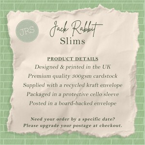 May include: A rectangular card with torn edges featuring the text Jack Rabbit Slims and JRS in a circle. The text lists product details including 300gsm cardstock, a recycled kraft envelope, a cello sleeve, and board-backed envelope packaging.