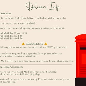 May include: A beige informational graphic titled Delivery Info featuring text regarding shipping options for UK and international customers, including Royal Mail services, and a bright red cylindrical British post box on the right side.