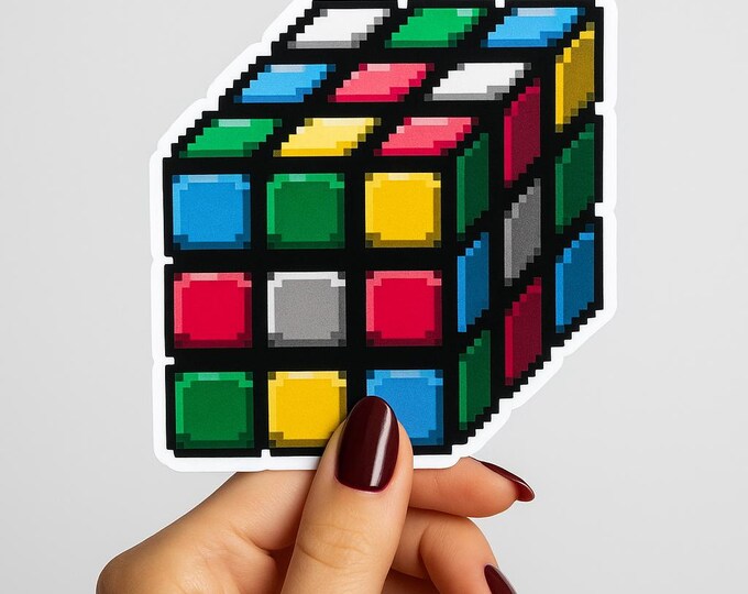 Pixel Rubik's Cube Sticker: Retro 80s/90s Nostalgia. Geeky Gamer Vinyl Decal.