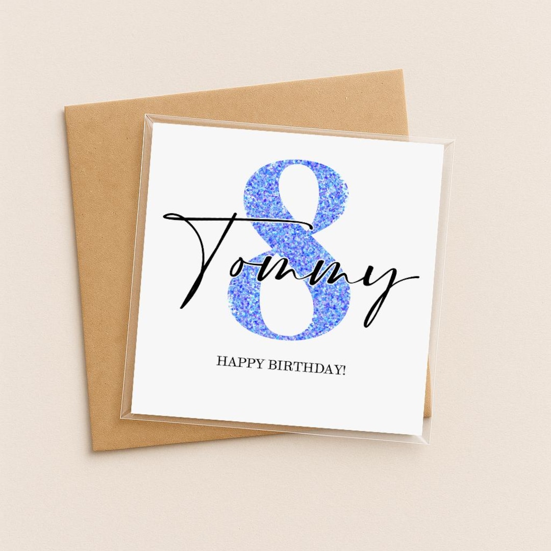 Personalised 8th Birthday Card | Blue Glitter Number | Custom Name Card ...