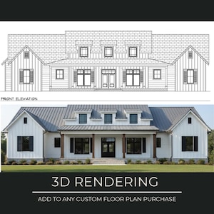 May include: A front elevation and 3D rendering of a white farmhouse-style house. The house features a gray roof, black shutters, and a covered porch. The text "3D RENDERING" and "ADD TO ANY CUSTOM FLOOR PLAN PURCHASE" are displayed.