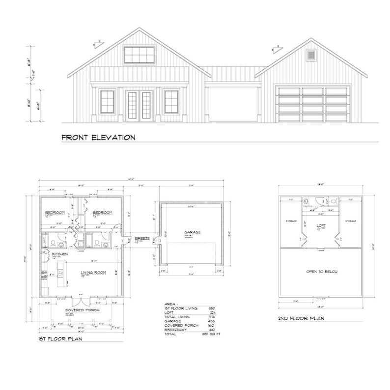 May include: A black and white architectural blueprint of a house with a garage and a loft. The blueprint shows the front elevation, first floor plan, and second floor plan. The first floor plan includes a kitchen, living room, two bedrooms, and a covered porch. The second floor plan shows a loft.