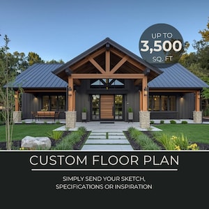 May include: Exterior view of a modern home with a dark gray facade, wooden accents, and a blue roof. The image includes the text "UP TO 3,500 SQ. FT" and "CUSTOM FLOOR PLAN". The home has a welcoming entrance and is surrounded by landscaping.