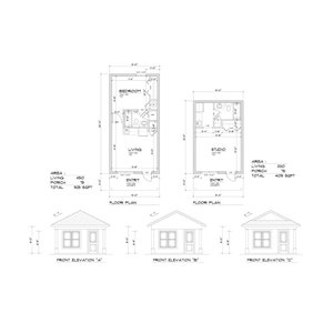 May include: A black and white line drawing of a house plan with floor plans and front elevations. The house plan includes a bedroom, living room, studio, and entrance. The floor plans show the dimensions of each room. The front elevations show the exterior of the house from three different angles.
