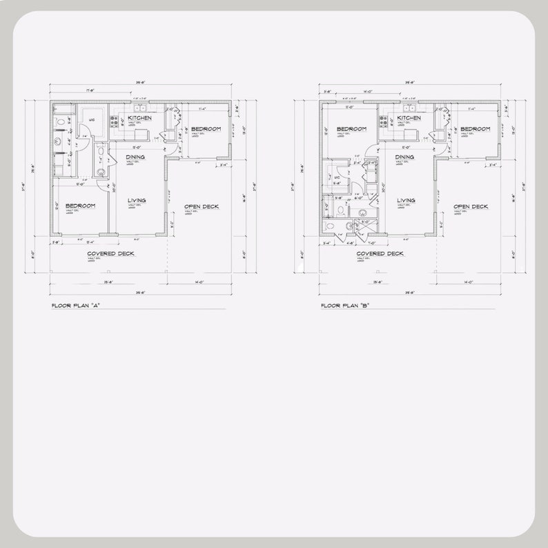 May include: Floor plan of a two-bedroom house with an open deck and covered deck. The house has a kitchen, dining room, and living room. The floor plan is labelled "Floor Plan A" and "Floor Plan B".