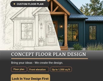 Puede incluir: Un gráfico de vista dividida que muestra un boceto a lápiz de la fachada de una casa que hace la transición a una fotografía de una casa azul oscuro con molduras de madera. El texto incluye CUSTOM FLOOR PLAN, CONCEPT FLOOR PLAN DESIGN y Lock In Your Design First.