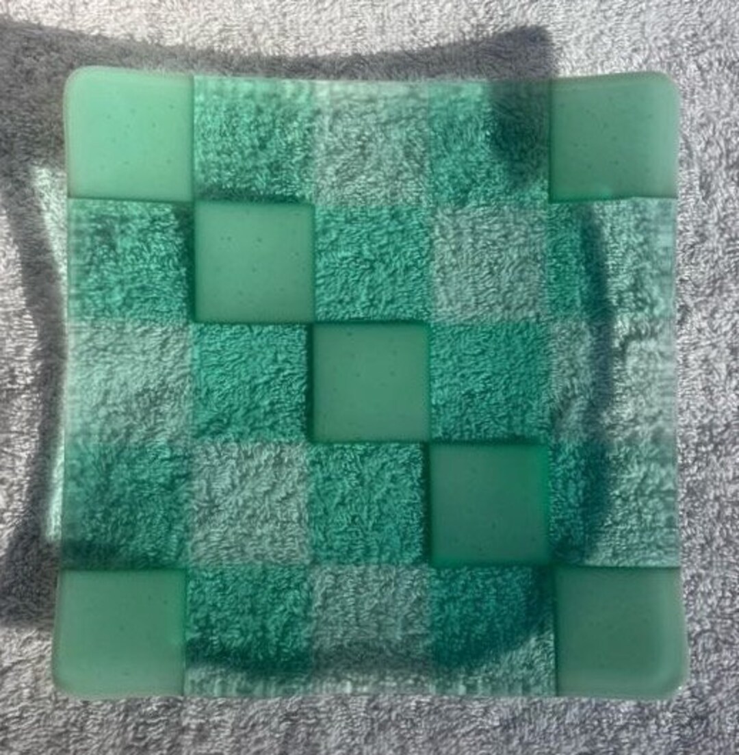 Checkered Tint Tone Plate Large Ming Green Fused Glass Etsy