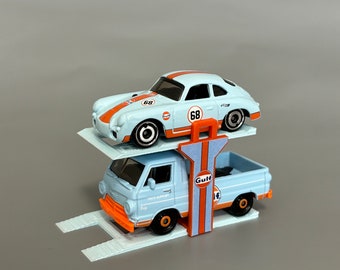 Elevador de coches de fundición a presión - Elevador de diorama de coches modelo Gulf - Elevador de diorama de coches modelo Martini - Elevador a escala 1/64 para 2 coches