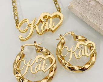 Custom Name Jewelry Set with Heart: Gold Name Twist Hoop Earrings & Double Nameplate Necklace