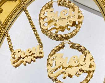 Custom Name Jewelry Set: Double Name Necklace & Twist Hoop Earrings