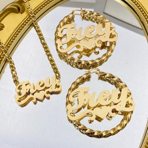 Custom Name Jewelry Set, Double Name Neckalce, Custom Neckalce, Gold Name Earrings, Twist Hoop, Personalized Name Jewelry Gift for Women Kid