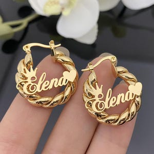 Personalized Name Hoop Earrings, Dainty Twist Hoops with Heart, Custom Kids Baby Jewelry