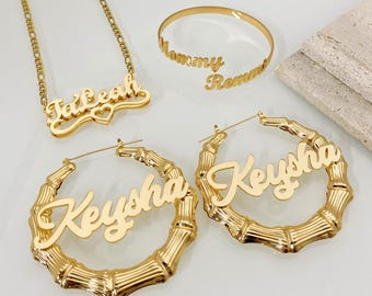 Custom Name Hoop Earrings Set: Bamboo Hoops, Name Necklace & Bangle, Personalized Nameplate Jewelry
