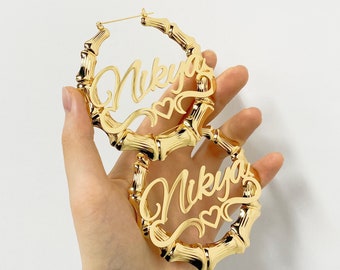 Custom Name Bamboo Hoop Earrings: Personalized Nameplate Earrings