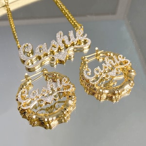Bling Name Earrings Necklace, Name Bamboo Earrings, Name Earrings Gold, Custom Name Neckalce, Nameplate Neckalce, Custom Name Jewelry Set