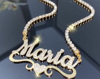Personalized Tennis Necklace: Diamond Nameplate Necklace, Gold Plated Custom Jewelry Gift