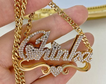 Diamond Custom Name Necklace: Double Plate Personalized Bling