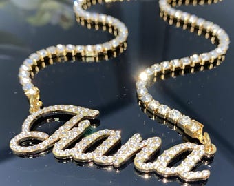 Diamond Nameplate Tennis Necklace: Personalized Bling Name Necklace, Gold Plated, Custom Jewelry