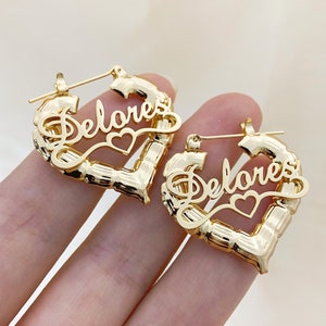Kids Heart Bamboo Earrings, Custom Name Bamboo Earrings, Name Bamboo Earrings, Personalized Earring Gold, Women Name Earrings,Christmas Gift
