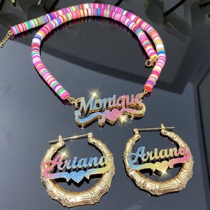 Custom Name Bamboo Hoop Earrings Set, Personalized Nameplate Necklace, Color Nameplate Chain Jewelry Gift
