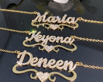 Personalized Diamond Name Necklace with Heart: 18k Gold, Bling Nameplate, Custom Jewelry Gift