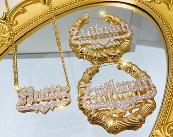 Personalized Gold Bamboo Name Earrings & Necklace Set, Custom Old Eanglish
