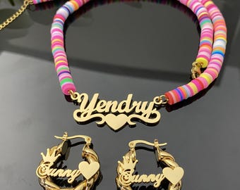 Custom Baby Name Earrings Necklace, Dainty Mini Twist Hoop, Nameplate Necklace, Personalized Jewelry Set
