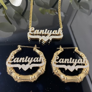 Custom Name Jewelry Set Gift, Personalized Nameplate Necklace,Bling Name Necklace,Gold Bamboo Name Earrings,Name Hoop Earrings,Gift for Her