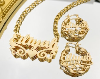 Custom Nameplate Jewelry Set: Gold Name Earrings, Double Name Necklace