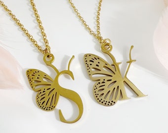 Personalized Butterfly Necklace, Custom Necklace 18K Gold, Uppercase Letter Necklace, Exquisite Necklace, Handmade Jewelry, Gift for Mom