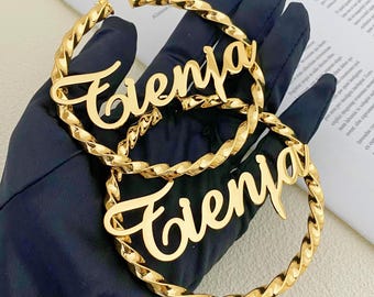 Custom Name Twist Hoop Earrings, Personalized Jewelry