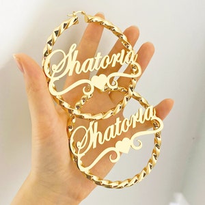 Custom Name Hoop Earring, Twist Hoop Earrings, Personalized Earring, Name Earring Gold, Large Big Hoop Earring, Mom Earrings, Gift for Her