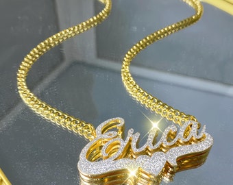 Bling Double Name Plate Necklace: 14k Gold Custom Name Jewelry Set