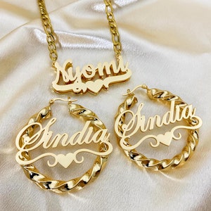Personalized Nameplate Jewelry Set, Name Hoop Earrings,14K Gold Name Necklace,Double Name Neckalce,Custom Jewelry Set,Christmas Gift for Her