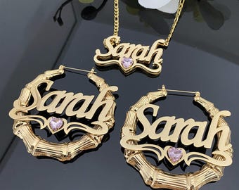 Personalized 18K Gold Name Necklace & Bamboo Earring Set - Birthstone Jewelry