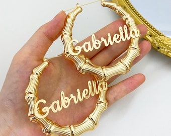 Custom Name Bamboo Hoops, Gold Bamboo Earrings, Nameplate Hoops, Larger Hoop Earrings, Name Hoop Earrings, Kids Name Earrings, Gift for Her