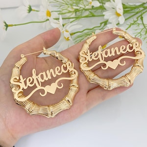 Custom Name Bamboo Hoop Earrings, Minimalist Name Hoops, Gold Nameplate, Personalized Women&#39;s Jewelry Gift