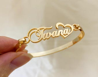 Custom Name Bangle Bracelet with Heart: 18K Gold Personalized Jewelry Gift